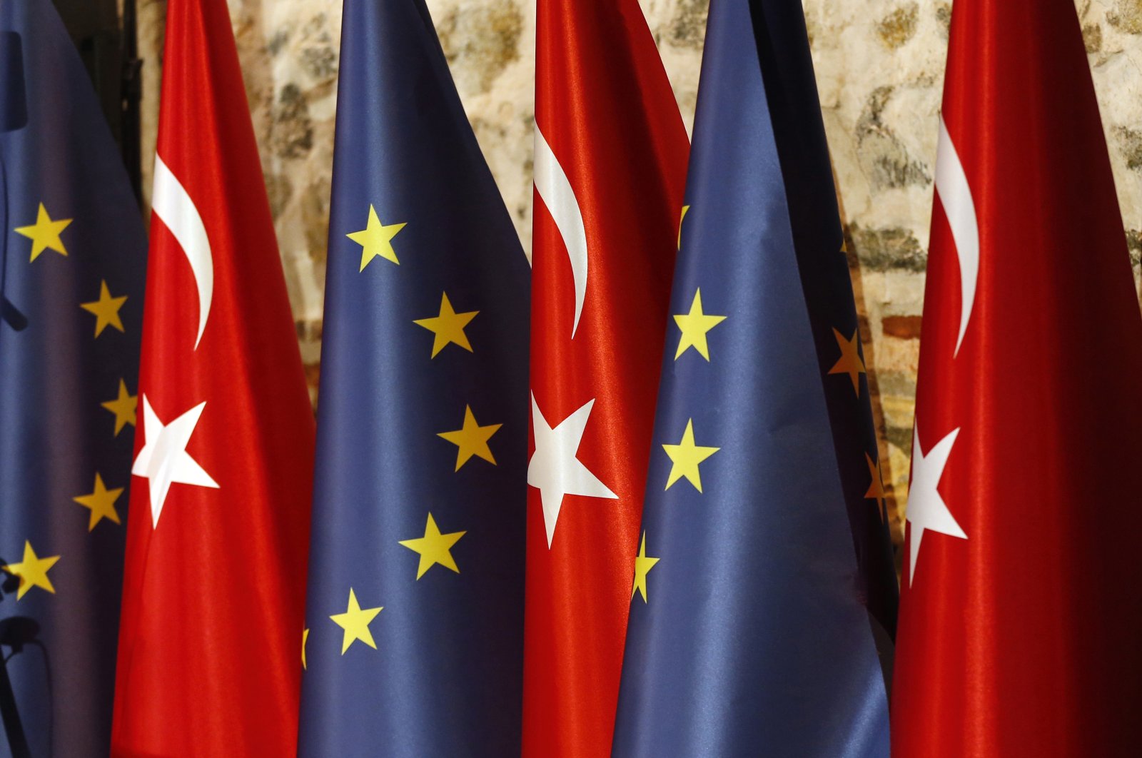 Türkiye and European Union flags prior to the opening session of a high-level meeting between EU and Türkiye, in Istanbul, Thursday, Feb. 28, 2019. (AP File Photo)