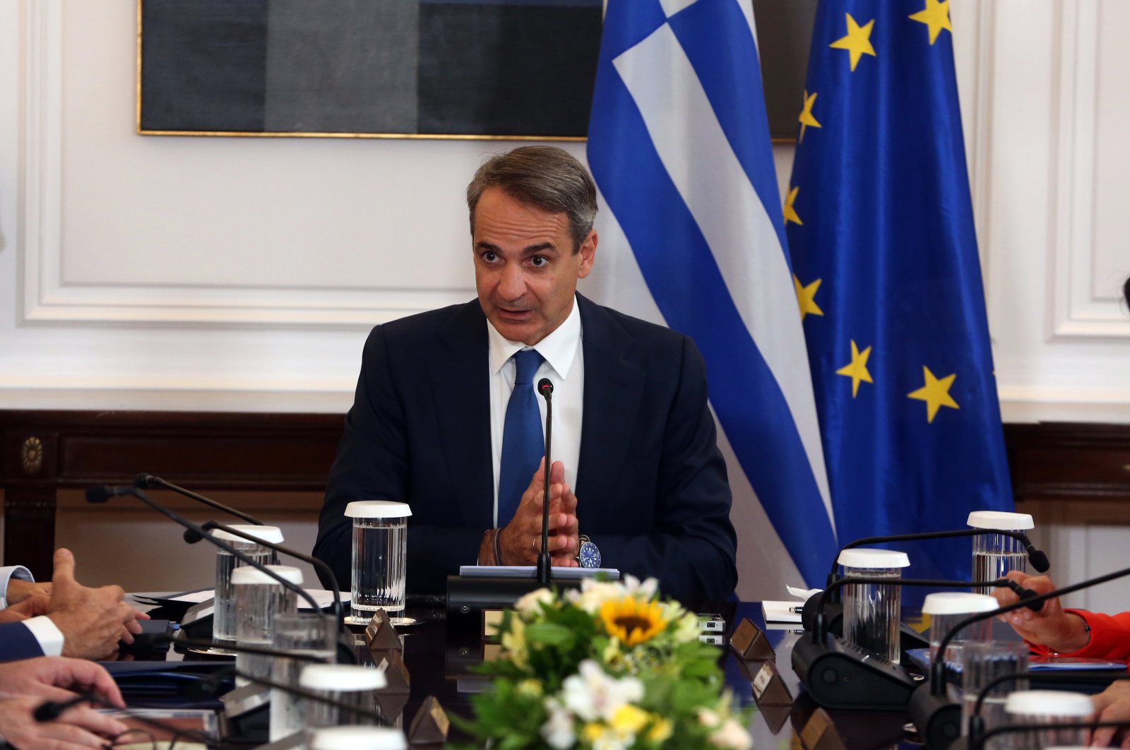 Greek Prime Minister Kyriakos Mitsotakis (C) presides over the first meeting of the new cabinet at Maximos Mansion in Athens, Greece, June 28, 2023. (EPA File Photo)