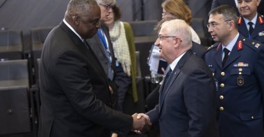 Defense ministers of NATO countries met on the second day of their meeting in Brussels. Minister of National Defense Yaşar Güler (R) had a conversation with U.S. Secretary of Defense Lloyd Austin at the meeting, Belgium, June 16, 2023. (AA Photo)