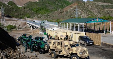 A view of an Azerbaijani checkpoint recently set up at the entry of the Lachin corridor, the Karabakh region's only land link with Armenia, by a bridge across the Hakari river, on May 2, 2023. (AFP Photo)