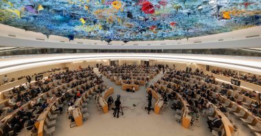 A general view of the Human Rights and Alliance of Civilizations Room, with the ceiling painted by Spanish painter Miquel Barcelo, at the opening of the 53rd U.N. Human Rights Council in Geneva, on June 19, 2023. (AFP Photo)