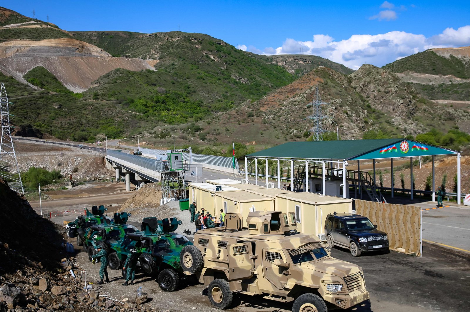 A view of an Azerbaijani checkpoint recently set up at the entry of the Lachin corridor, the Karabakh region&#039;s only land link with Armenia, by a bridge across the Hakari river, on May 2, 2023. (AFP Photo)