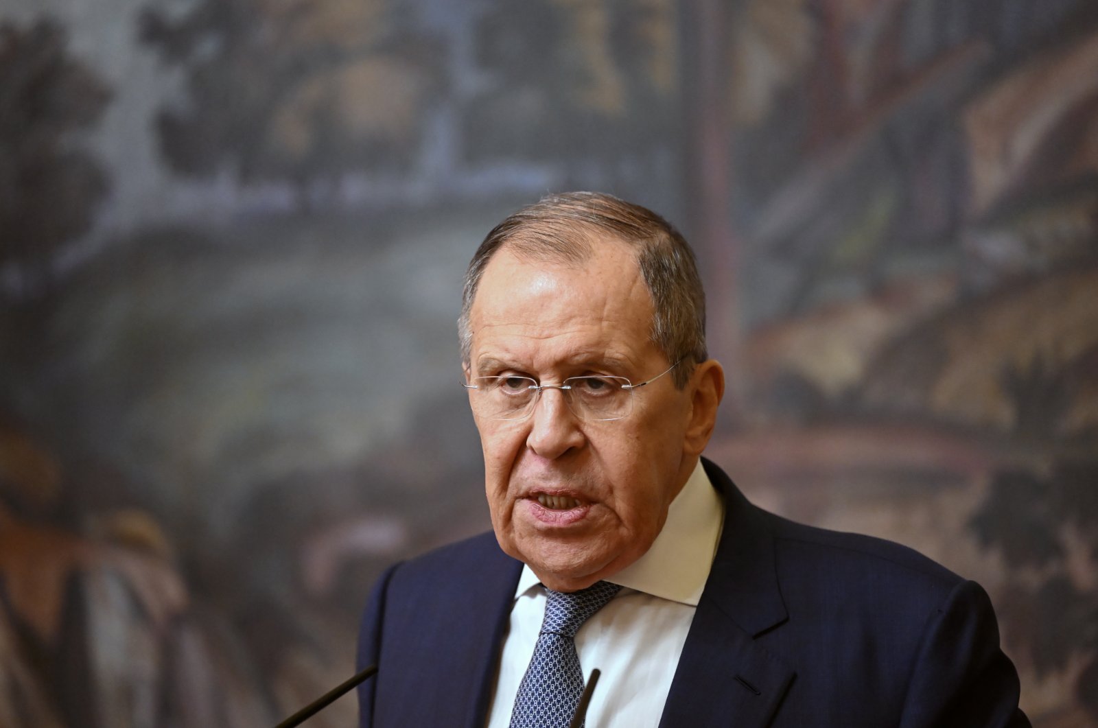 Russian Foreign Minister Sergei Lavrov attends a joint press conference with his Omani counterpart following their talks in Moscow, Russia, July 11, 2023. (EPA Photo)