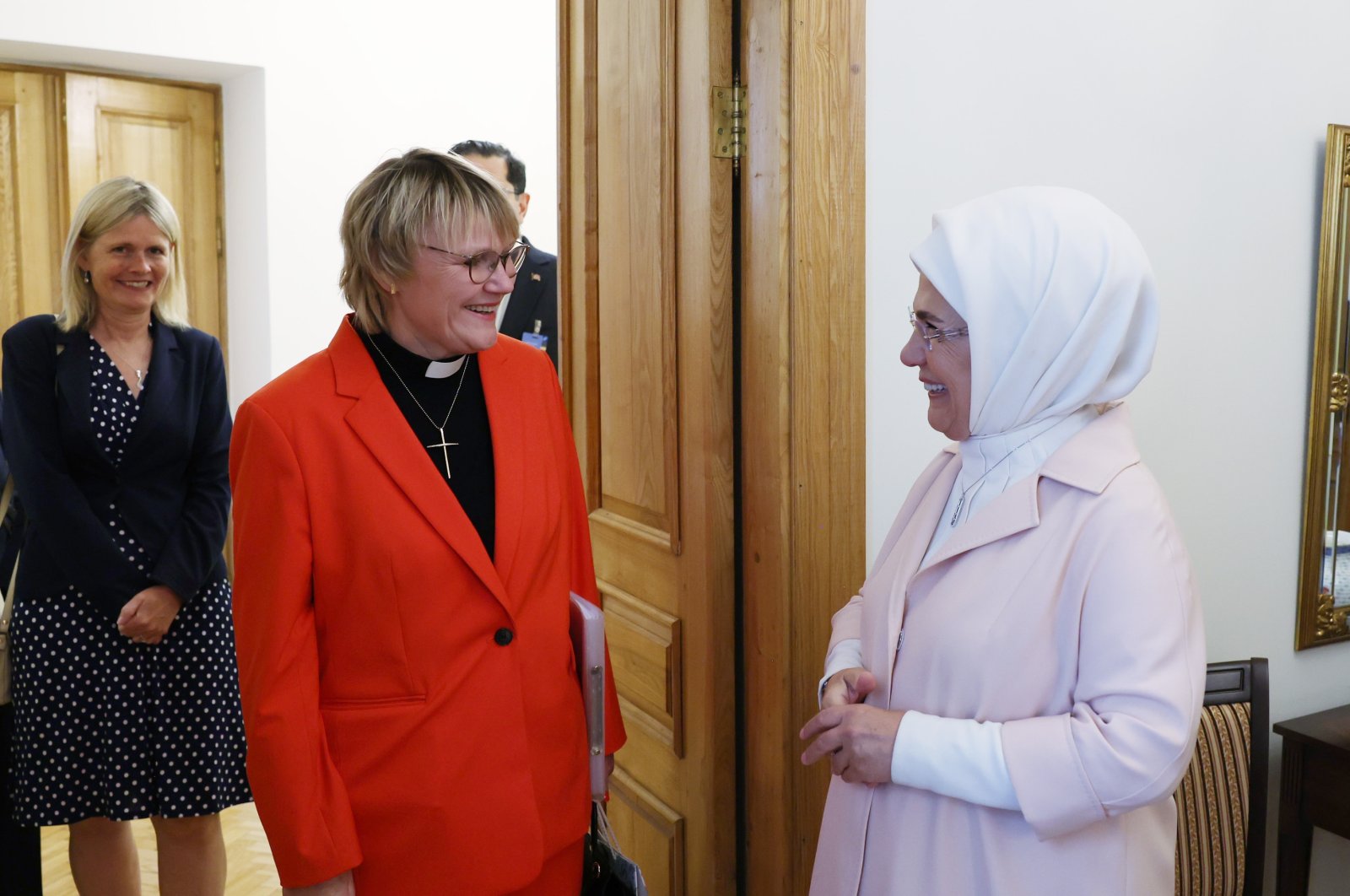 First Lady Emine Erdoğan (R) and the spouse of Swedish Prime Minister Ulf Kristersson, Birgitta Ed, at the Turkish Embassy in Vilnius, Lithuania, July 11, 2023. (AA Photo)