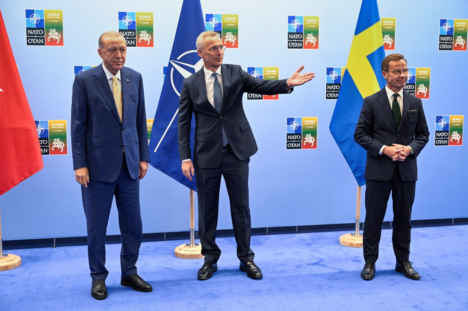 President Recep Tayyip Erdoğan (L), Swedish PM Kristersson (R) and NATO Secretary-General Stoltenberg gather prior to their meeting, in Vilnius, Lithuania, July 10, 2023. (Reuters Photo)