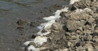 The dams with a low occupancy see a rising occurrence of foam and a mixture of bottom dirt in Istanbul, Türkiye, July 13, 2023. (DHA Photo)