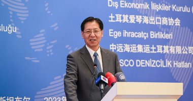 Chinese Ambassador to Ankara Liu Shaobin speaks at the 6th China International Import Expo (CIIE) promotion meeting held in Istanbul, Türkiye, July 12, 2023. (AA Photo)