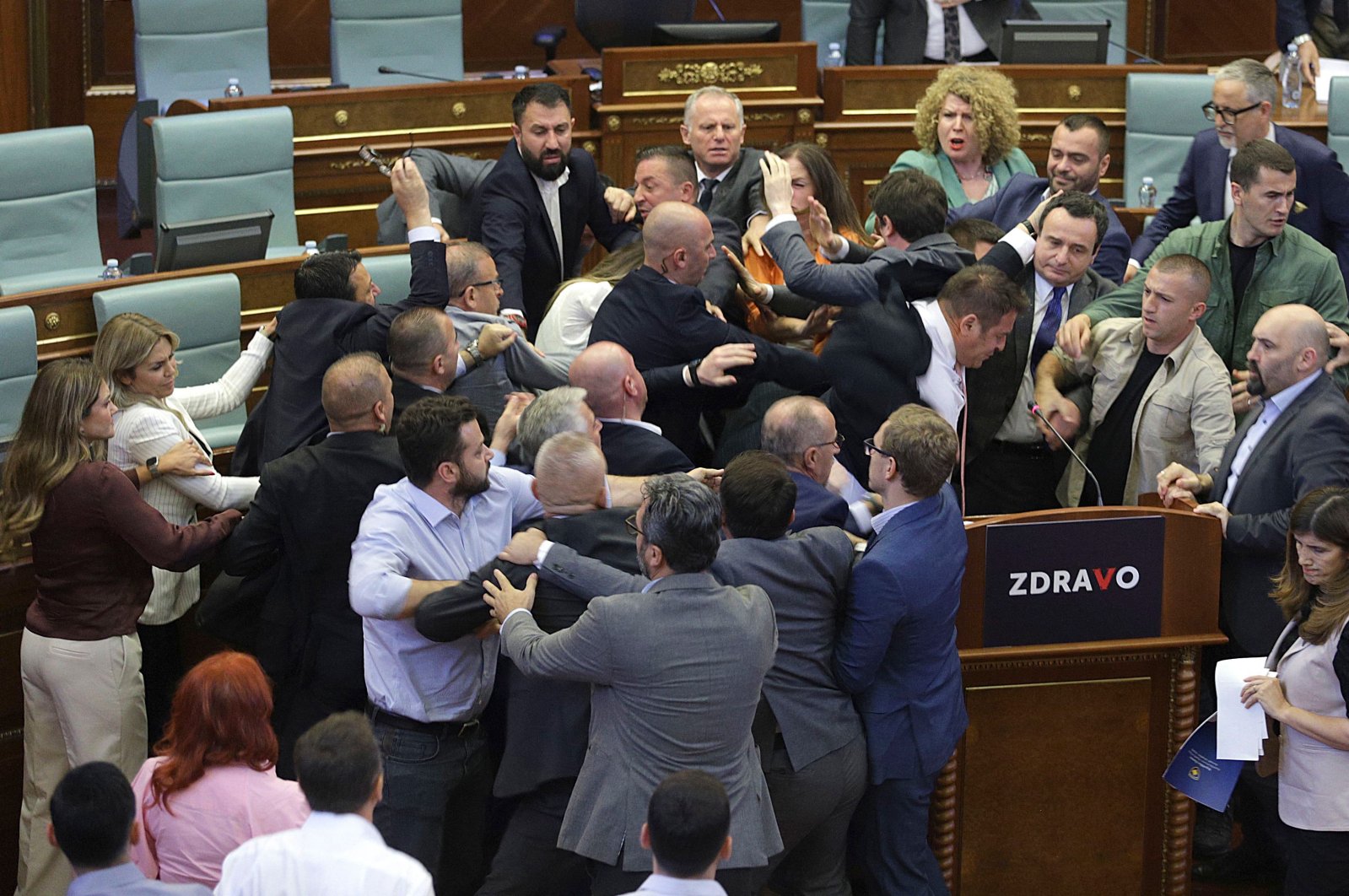 Kosovo opposition lawmakers clash with ruling members in the parliament, Pristina, Kosovo, on July 13, 2023. (AFP Photo)