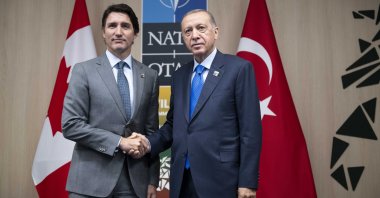 President Recep Tayyip Erdoğan meets with Canadian Prime Minister Justin Trudeau ahead of a NATO leaders summit in Vilnius, Lithuania, July 11, 2023. (AA Photo)