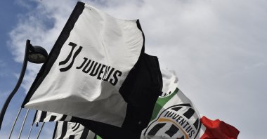 A general view of Juventus flags outside the stadium before the match against Sevilla at the Allianz Stadium, Turin, Italy, May 11, 2023. (Reuters Photo)