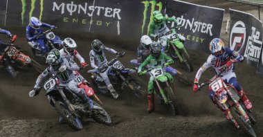 Spanish rider Jorge Prado of the Redbull GASGAS Factory Racing team (R) leads the race in the qualifying laps of the FIM Motocross 2023 World Championship at the MXGP Selaparang Circuit in Mataram, Lombok Island, Indonesia, July 1, 2023. (AA Photo)