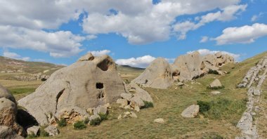 An aerial view of the hollow rocks in Sivritepe village in the center of Sivas, central Türkiye, July 14, 2023. (IHA Photo)