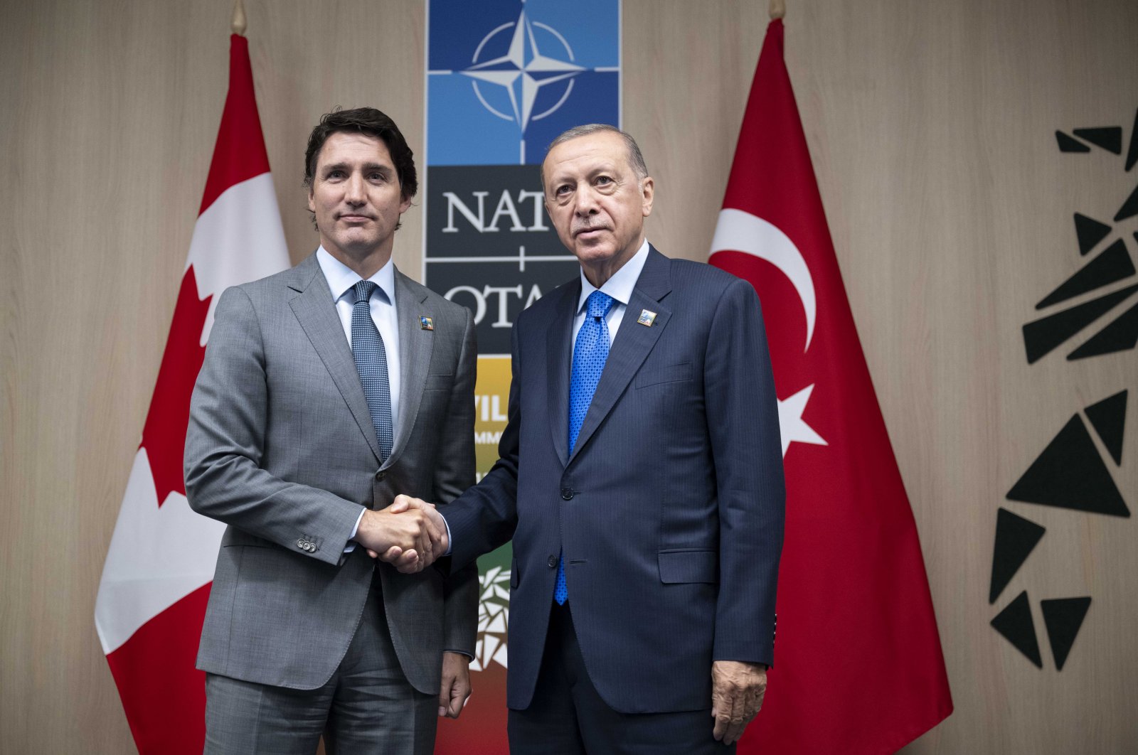 President Recep Tayyip Erdoğan meets with Canadian Prime Minister Justin Trudeau ahead of a NATO leaders summit in Vilnius, Lithuania, July 11, 2023. (AA Photo)