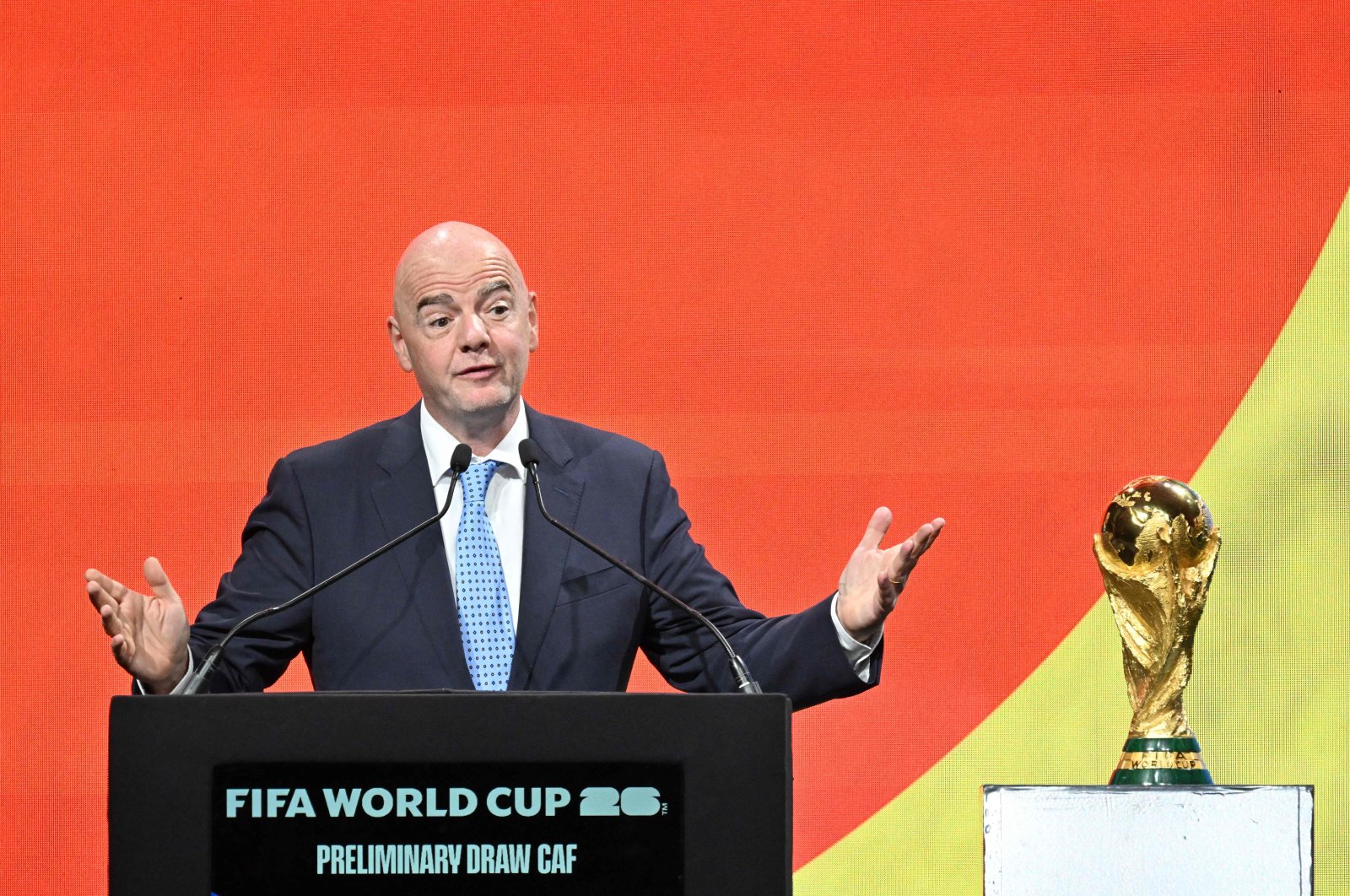 FIFA President Gianni Infantino delivers a speech during the qualifying draw for the Africa zone of the 2026 FIFA World Cup,  Abidjan, Ivory Coast, July 13, 2023. (AFP Photo)