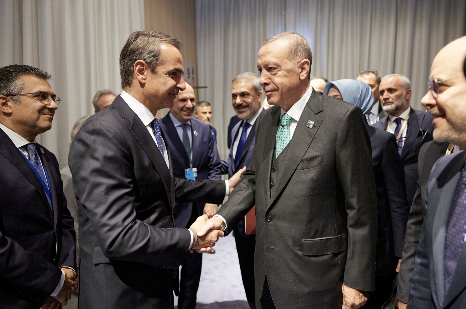 Greek Prime Minister Kyriakos Mitsotakis meets with President Tayyip Erdoğan (R) during a NATO leaders summit in Vilnius, Lithuania, July 12, 2023. (Reuters Photo)