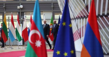 Azerbaijan's President Ilham Aliyev is welcomed by European Council President Charles Michel in Brussels, Belgium May 14, 2023. (Reuters File Photo)