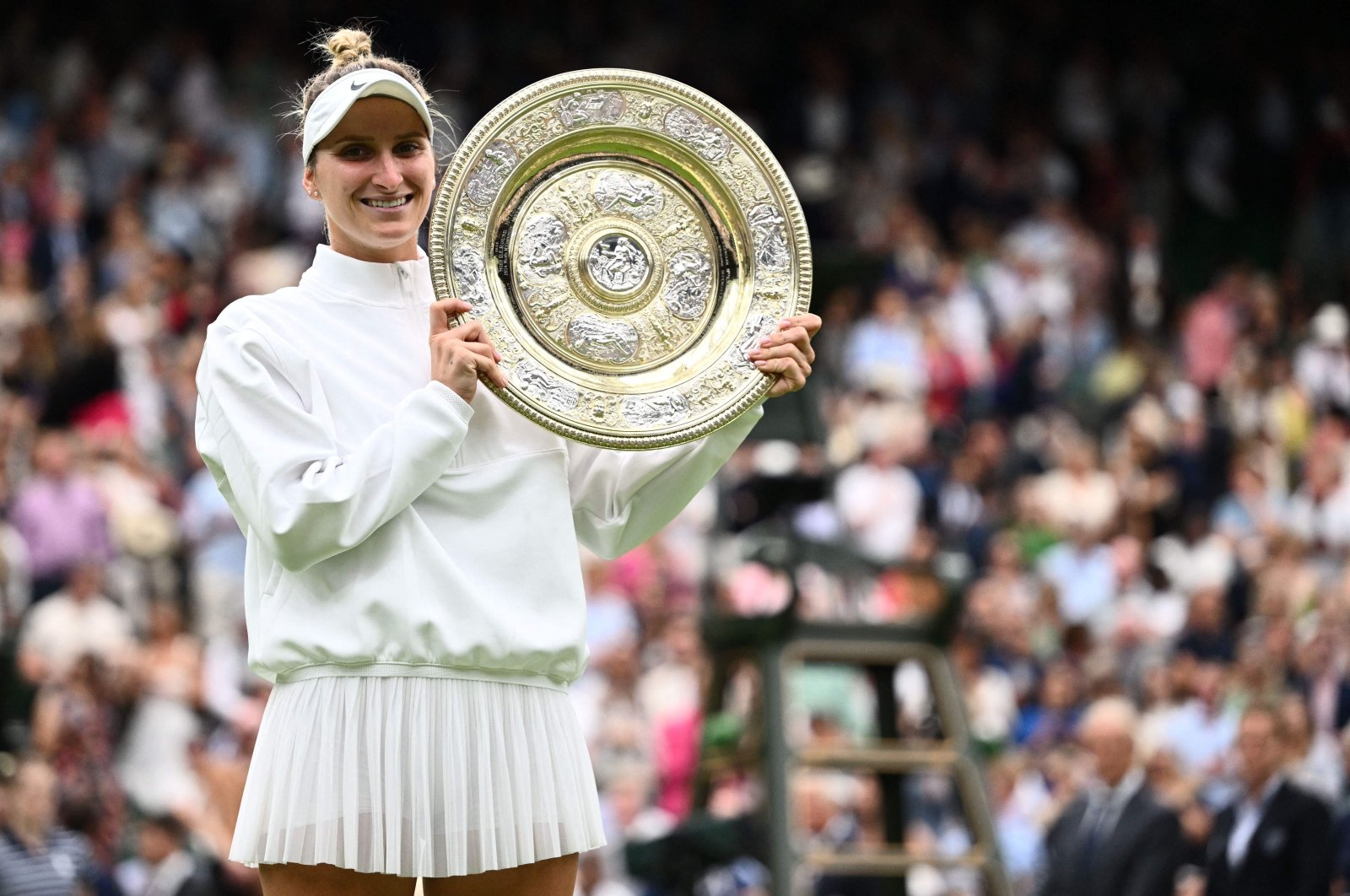 Czech Republic&#039;s Marketa Vondrousova celebrates winning the Wimbledon women&#039;s final, London, U.K., July 15, 2023. (AFP Photo)
