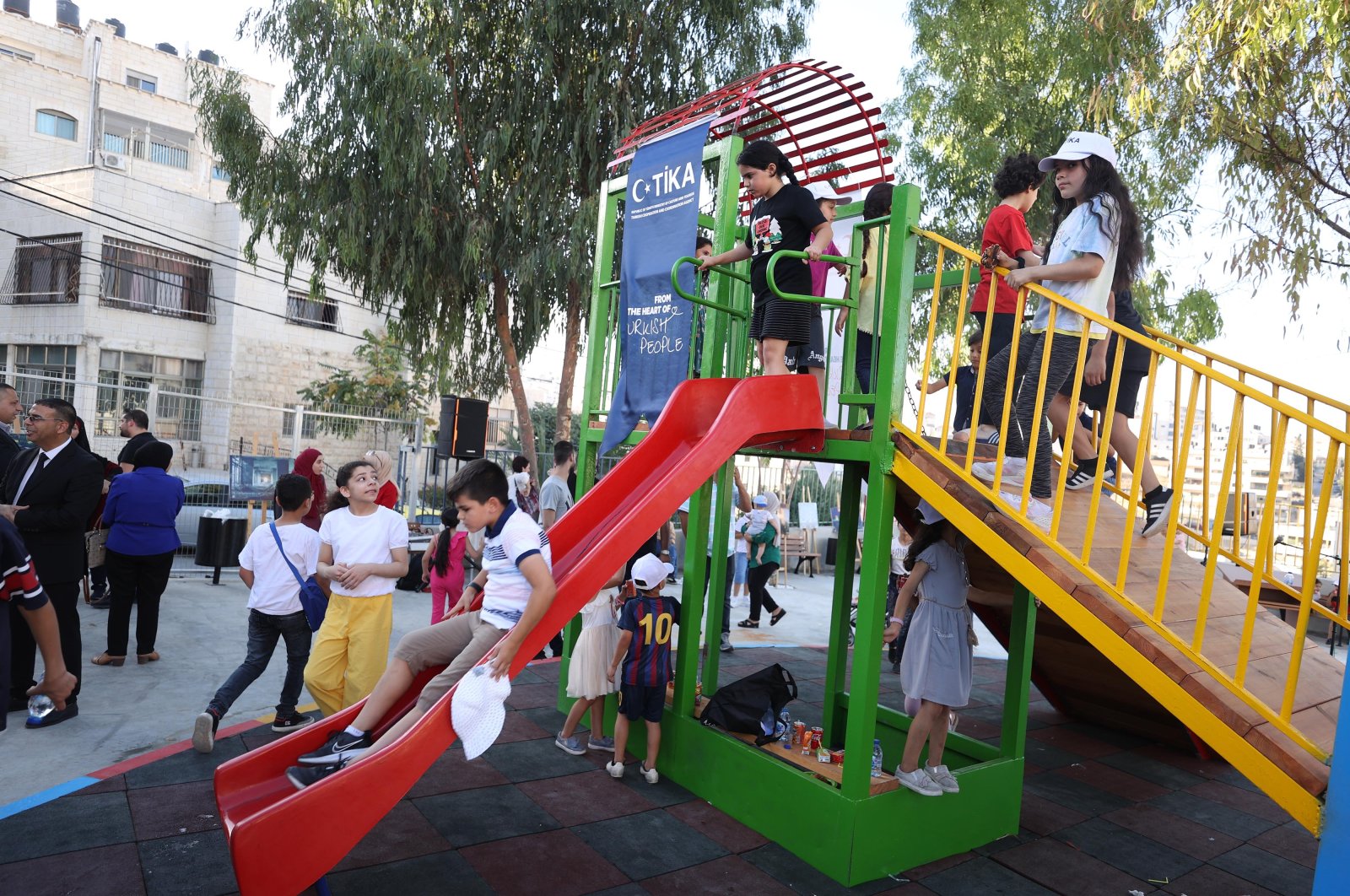 Kids play in the July 15 Memorial Park, established by the Turkish Cooperation and Coordination Agency (TIKA), in the occupied West Bank, Palestine, July 15, 2023. (AA Photo)