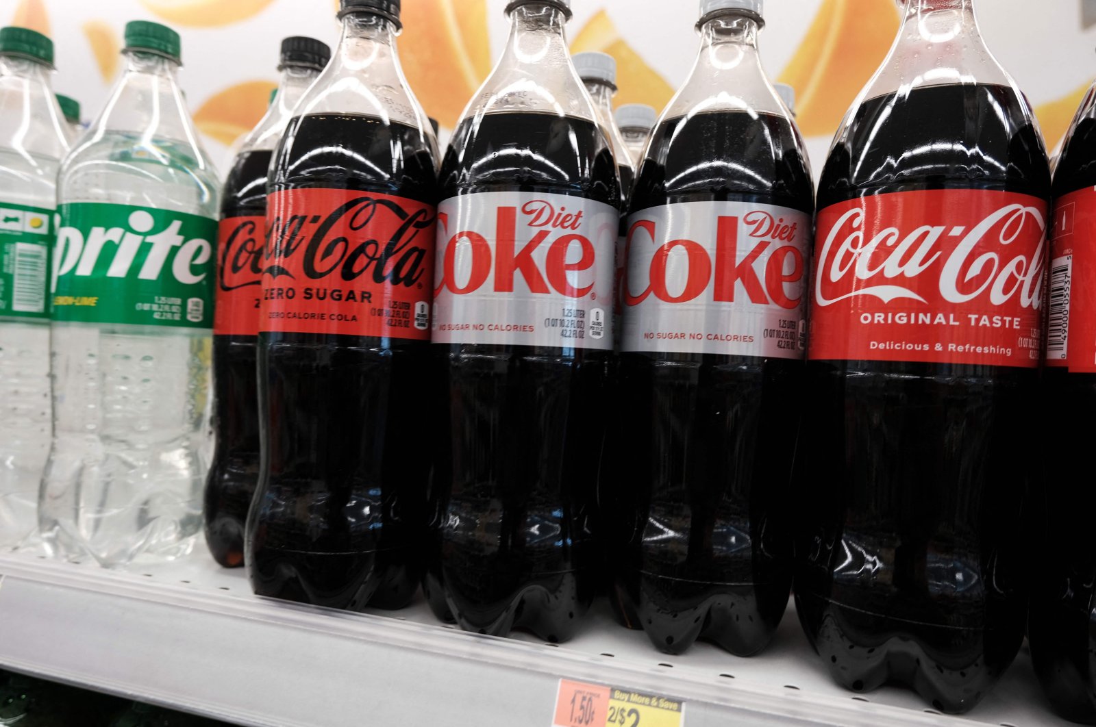 Bottles of Coca-cola products including Diet Coke which contains the artificial sweetener aspartame, on a store shelf, in New York, U.S., July 14, 2023. (AFP Photo)