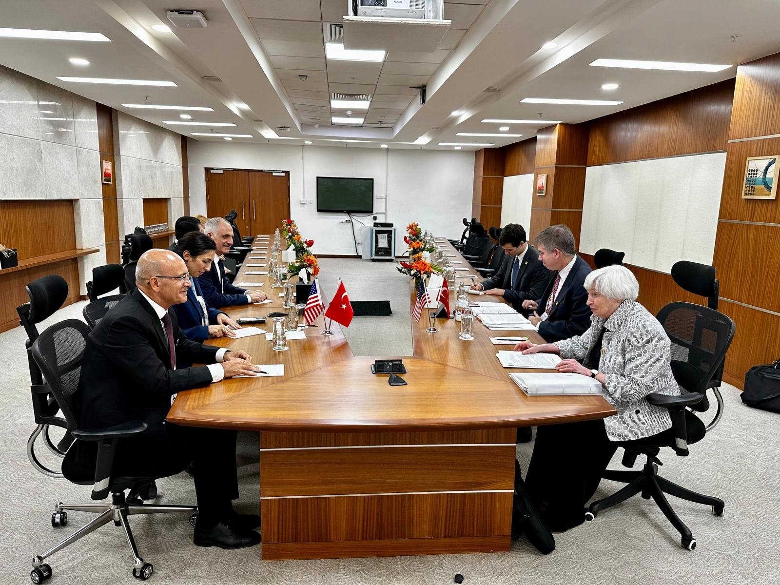 Treasury and Finance Minister Mehmet Şimşek meets U.S. Treasury Secretary Janet Yellen on the sidelines of the G20 summit in Gujarat, India, July 17, 2023. (AA Photo)