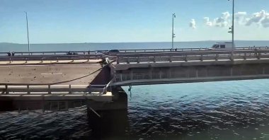 This video grab shows the damaged Kerch bridge, linking Crimea to Russia, July 17, 2023. (AFP Photo)