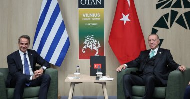 President Recep Tayyip Erdoğan meets with Greek Prime Minister Kyriakos Mitsotakis during a NATO leaders summit in Vilnius, Lithuania, July 12, 2023. (Reuters Photo)