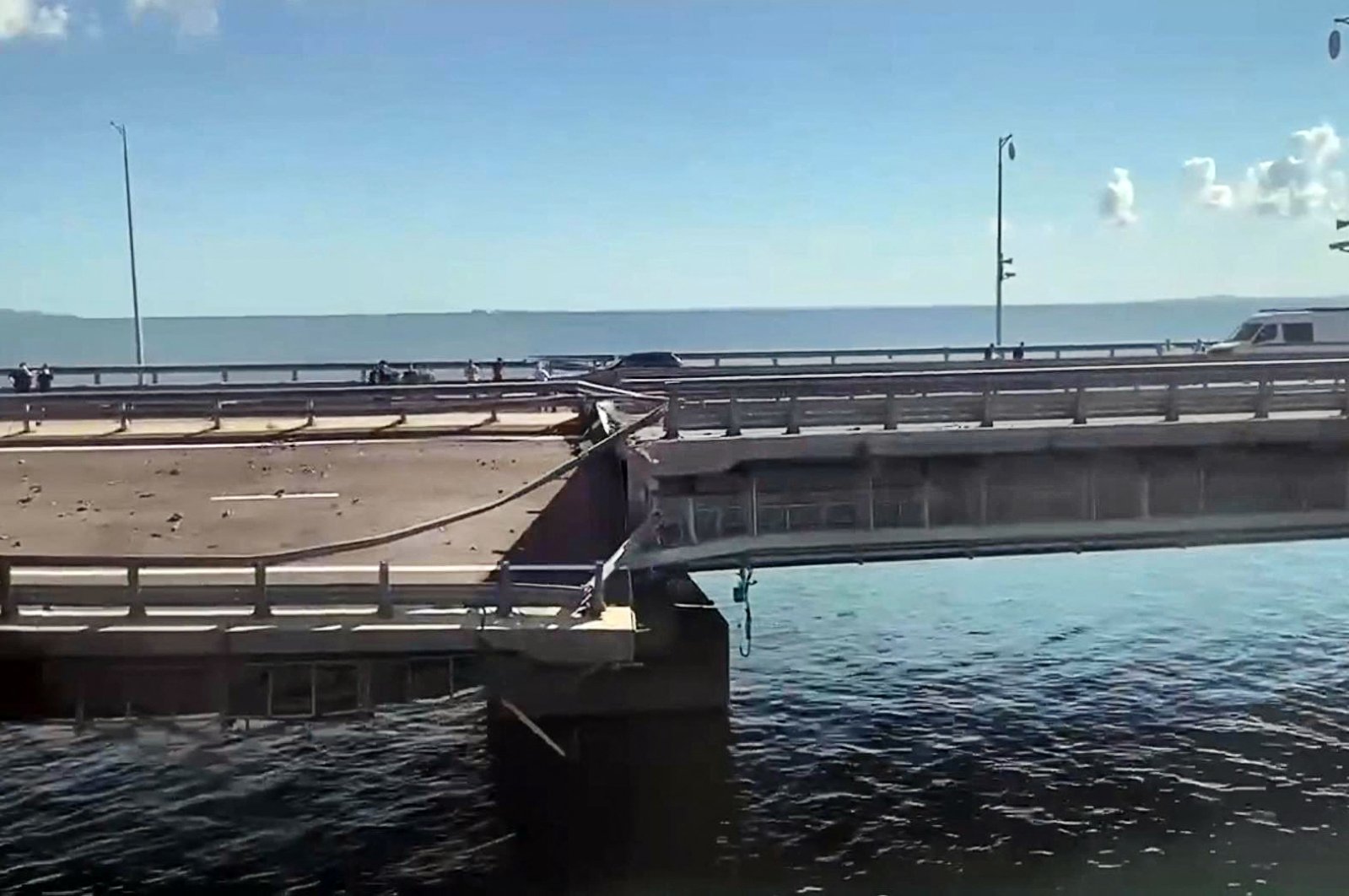 This video grab shows the damaged Kerch bridge, linking Crimea to Russia, July 17, 2023. (AFP Photo)