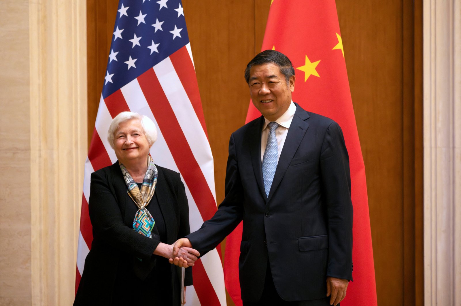 U.S. Treasury Secretary Janet Yellen (L) shakes hands with Chinese Vice Premier He Lifeng during a meeting at the Diaoyutai State Guesthouse in Beijing, China, July 8, 2023. (Reuters Photo)