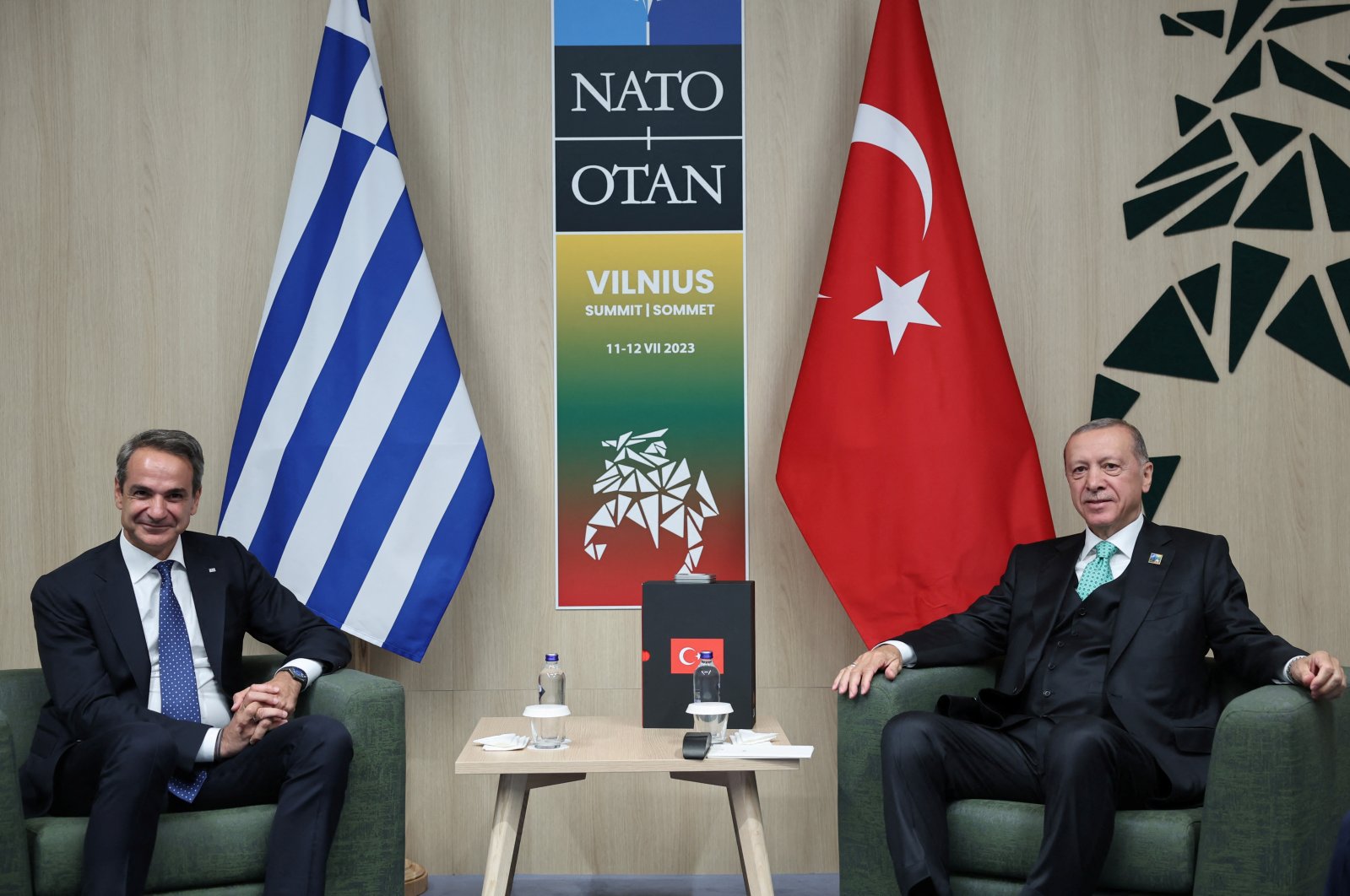 President Recep Tayyip Erdoğan meets with Greek Prime Minister Kyriakos Mitsotakis during a NATO leaders summit in Vilnius, Lithuania, July 12, 2023. (Reuters Photo)