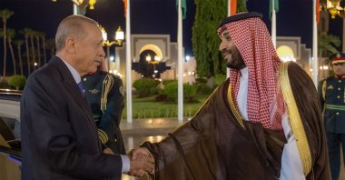 A handout photo made available by Saudi Royal Palace shows Saudi Crown Prince Mohammed bin Salaman (R) welcoming President Recep Tayyip Erdoğan in Jeddah, Saudi Arabia, July 17, 2023. (EPA Photo)