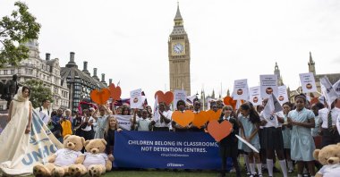 Children from St. Antony’s Catholic Primary School take part in a photocall organized by Citizens UK to highlight refugee children could be detained under a proposed Illegal Migration Bill by the UK government, London, U.K., June 27, 2023. (EPA Photo)