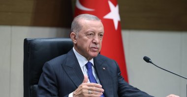 President Recep Tayyip Erdoğan speaks at Atatürk Airport before his departure for Saudi Arabia, first stopover of the Gulf tour, in Istanbul, Türkiye, July 17, 2023. (AA Photo) 