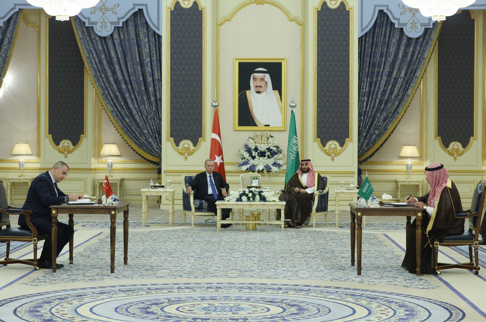President Recep Tayyip Erdoğan and Saudi Crown Prince Mohammed bin Salaman (MBS) attend a signing ceremony in Jeddah, Saudi Arabia, July 17, 2023.