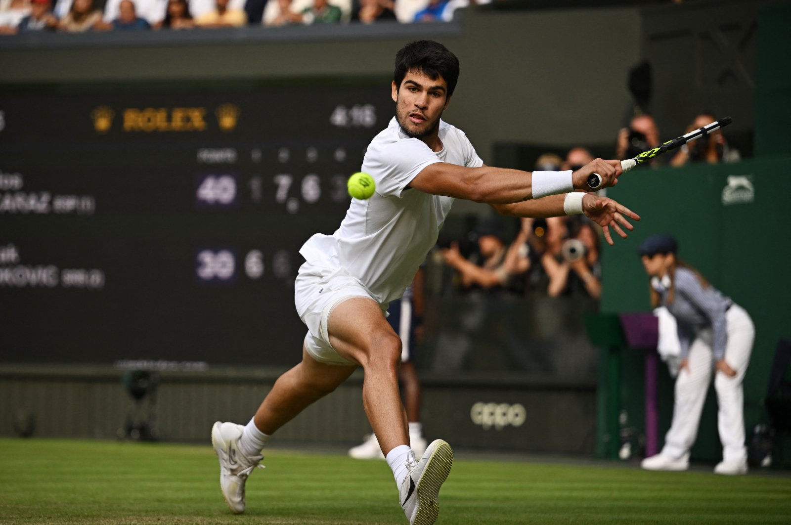 Spain&#039;s Carlos Alcaraz in action during Wimbledon final match against Serbia&#039;s Novak Djokovic at the All England Lawn Tennis and Croquet Club, London, UK., July 16, 2023. (Reuters Photo)
