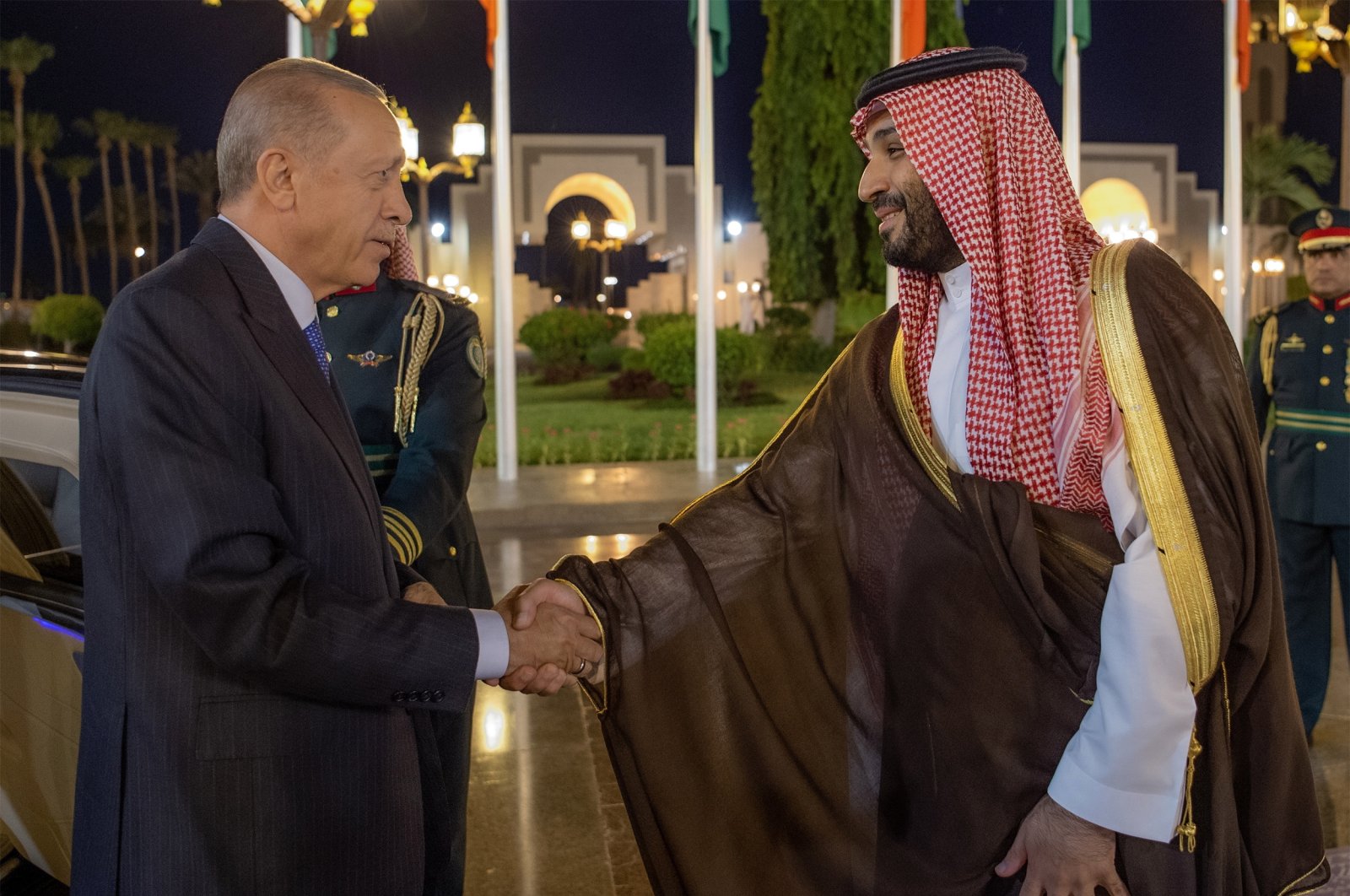 A handout photo made available by Saudi Royal Palace shows Saudi Crown Prince Mohammed bin Salaman (R) welcoming President Recep Tayyip Erdoğan in Jeddah, Saudi Arabia, July 17, 2023. (EPA Photo)