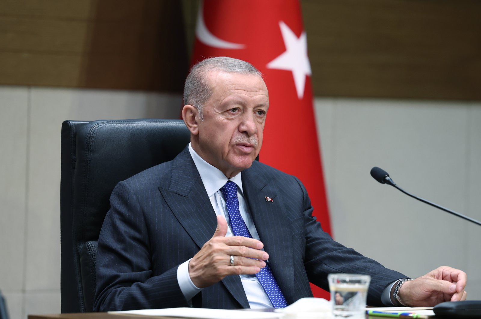 President Recep Tayyip Erdoğan speaks at Atatürk Airport before his departure for Saudi Arabia, first stopover of the Gulf tour, in Istanbul, Türkiye, July 17, 2023. (AA Photo) 