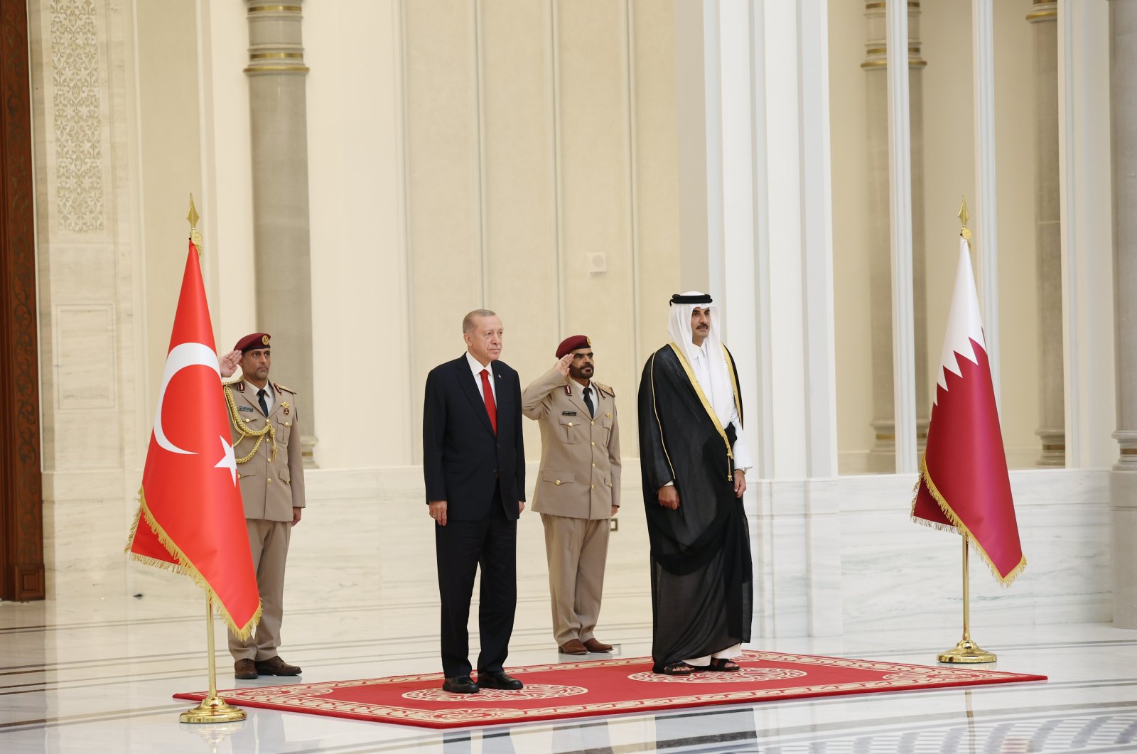 President Recep Tayyip Erdoğan welcomed in an official ceremony in Doha, Qatar, July 18, 2023. (AA Photo)