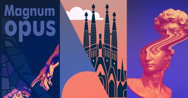 A photo combination in illustration art style showcases the historic Sagrada Familia, designed by Catalan architect Antoni Gaudi, in Barcelona, Spain. (Illustration by Büşra Öztürk)