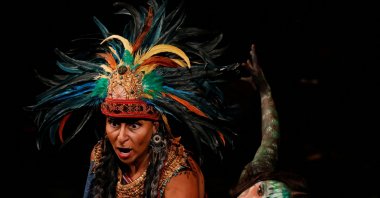 Cast members perform during the Epic Cantata Cuitlahuatzin, a multidisciplinary show in Nahuatl about the life of the Tlahtoani, who commanded the only battle in which the Mexicans defeated the Spanish, in the main hall of the Palace of Bellas Artes, Mexico City, Mexico, July 17, 2023. (Reuters Photo/File)