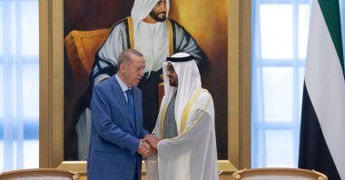 Sheikh Mohamed bin Zayed Al Nahyan, President of the United Arab Emirates hosts an official reception for Recep Tayyip Erdoğan of Türkiye, at Qasr Al Watan in Abu Dhabi, United Arab Emirates, July 19, 2023. (UAE Presidential Court/Handout via Reuters)