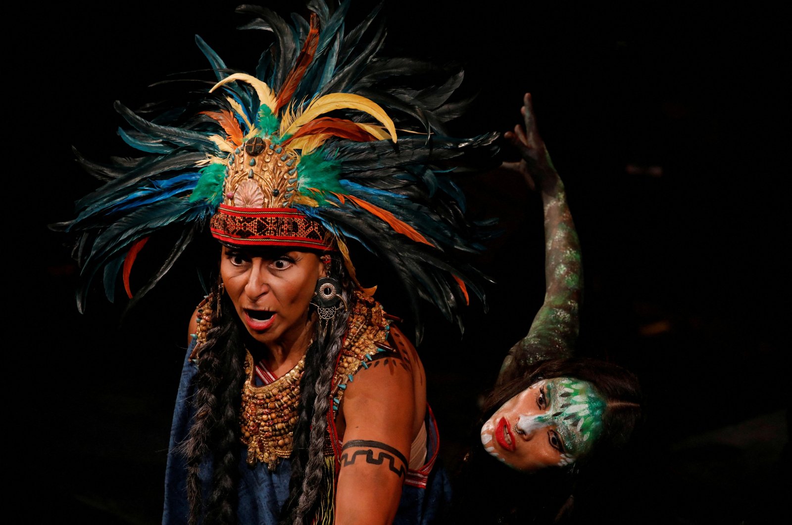 Cast members perform during the Epic Cantata Cuitlahuatzin, a multidisciplinary show in Nahuatl about the life of the Tlahtoani, who commanded the only battle in which the Mexicans defeated the Spanish, in the main hall of the Palace of Bellas Artes, Mexico City, Mexico, July 17, 2023. (Reuters Photo/File)