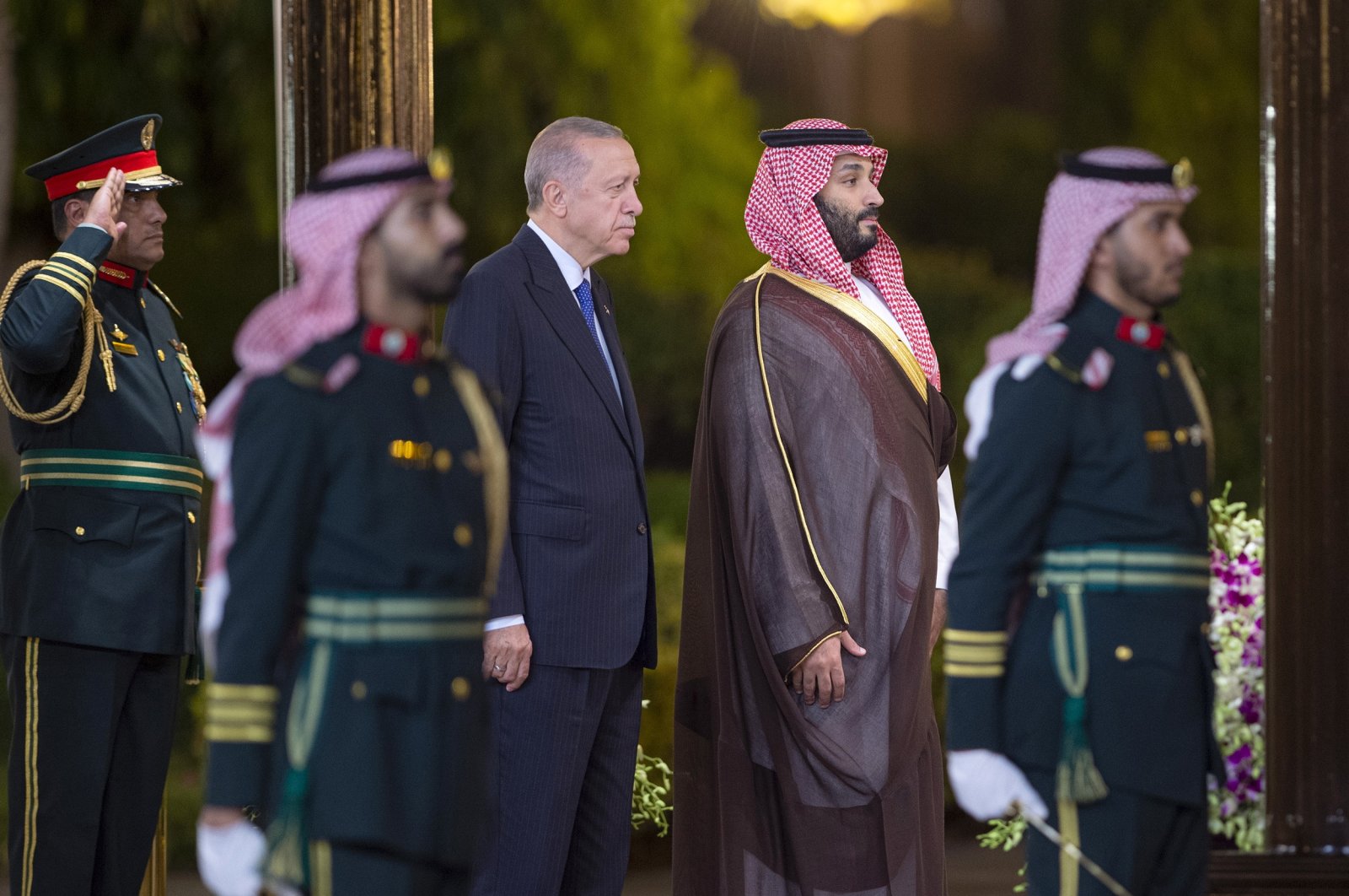 Saudi Crown Prince Mohammed bin Salman (C-R) welcomes President Recep Tayyip Erdoğan, in Jeddah, Saudi Arabia, July 17, 2023. (EPA Photo)