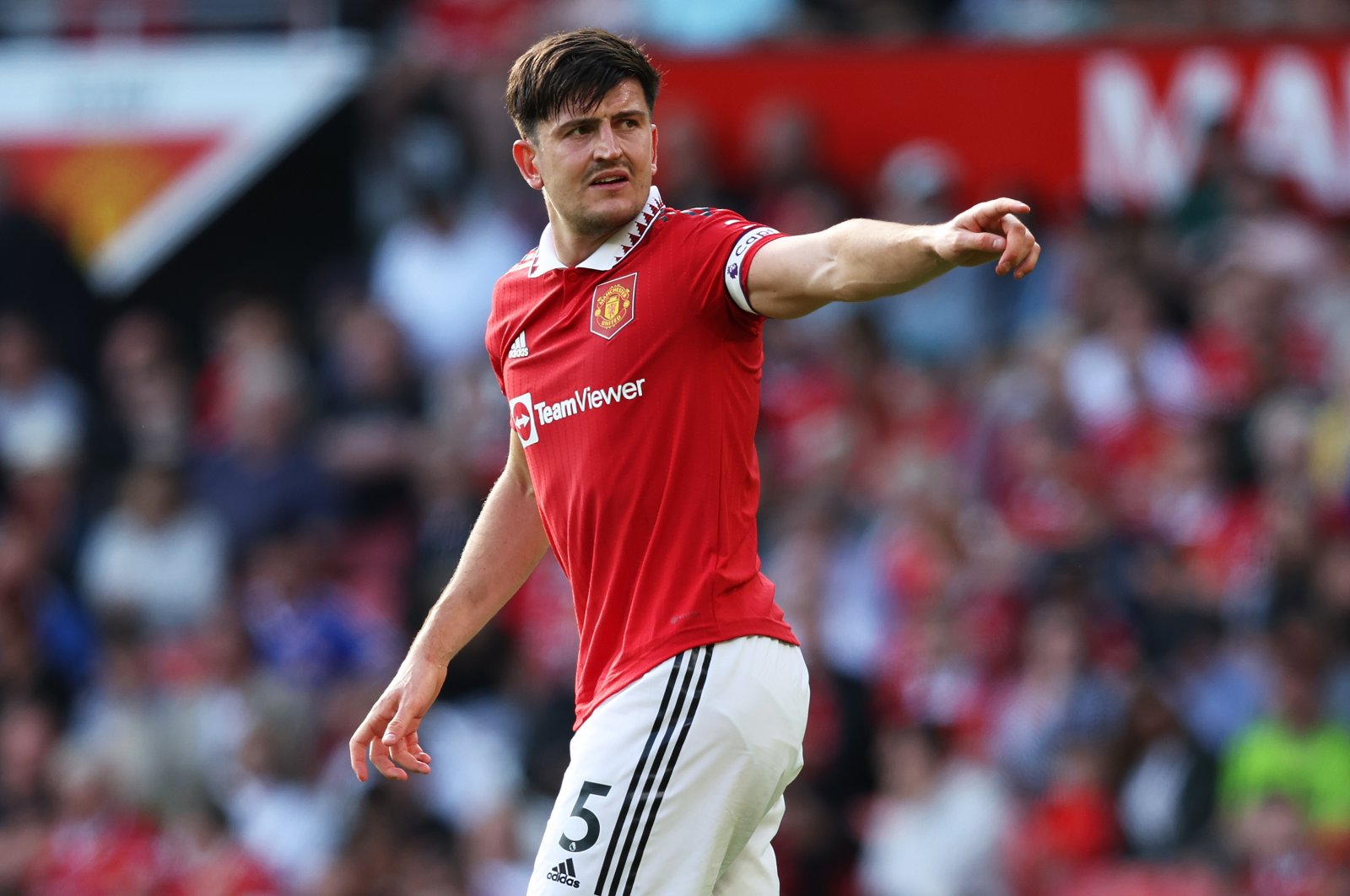Manchester United&#039;s Harry Maguire points during the Premier League match against Fulham at Old Trafford, Manchester, UK., May 28, 2023. (Getty Images Photo)