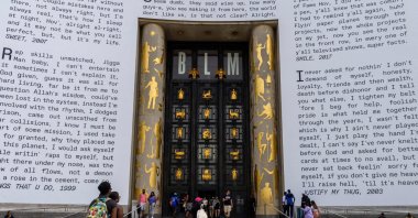 A view of the Brooklyn Public Library&#039;s Central Library with Jay-Z lyrics on the facade, New York, U.S., July 17, 2023. (AFP Photo)