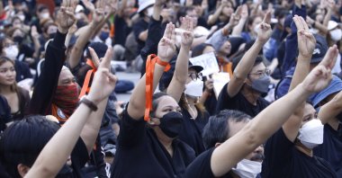 Supporters of Move Forward Party&#039;s leader and prime ministerial candidate Pita Limjaroenrat flash three-finger salutes as they gather to demonstrate in Bangkok, Thailand, July 19, 2023. (EPA Photo)