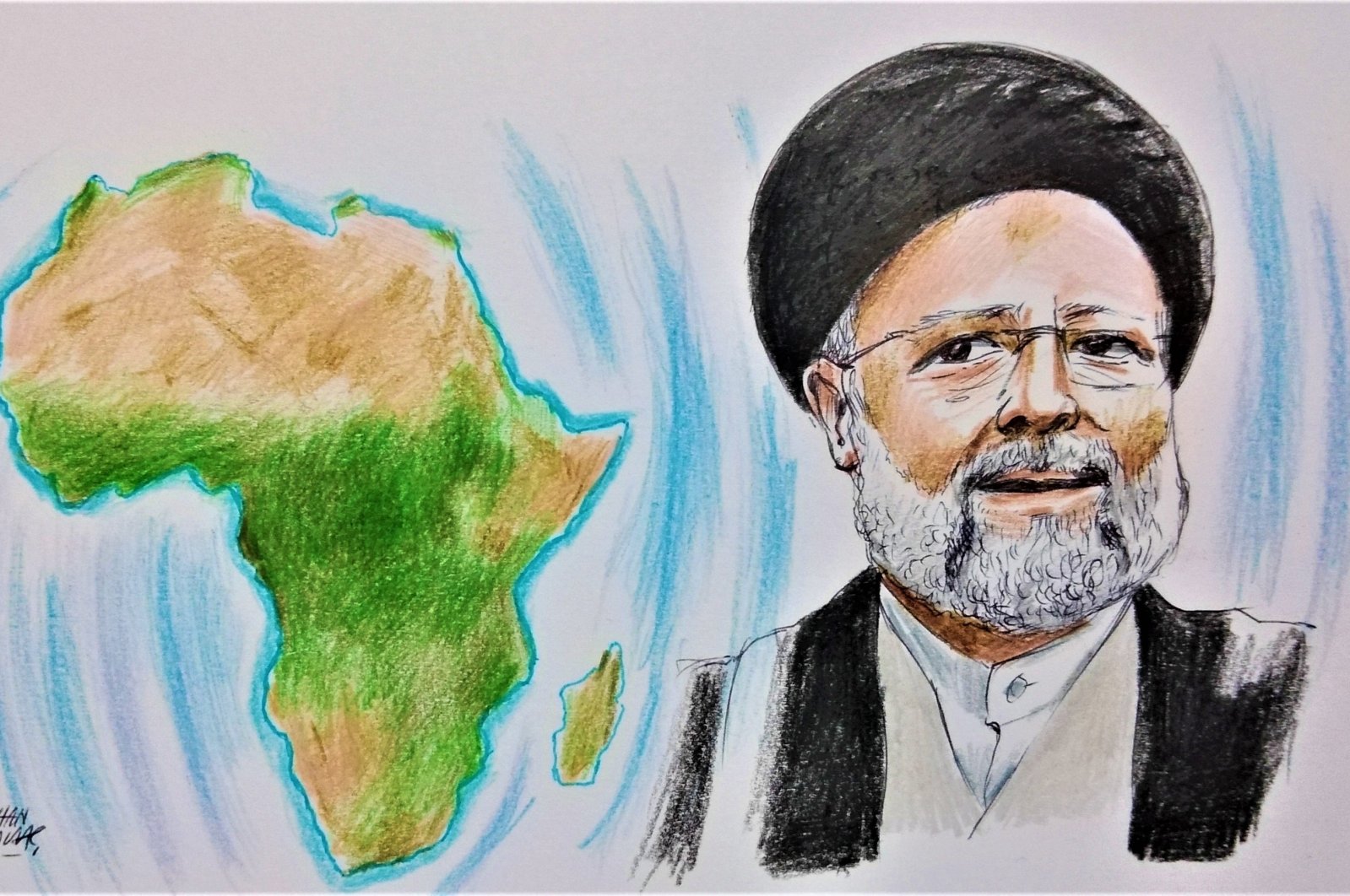 An illustration shows the African continent and Iran&#039;s President Ebrahim Raisi. (Illustration by Erhan Yalvaç)