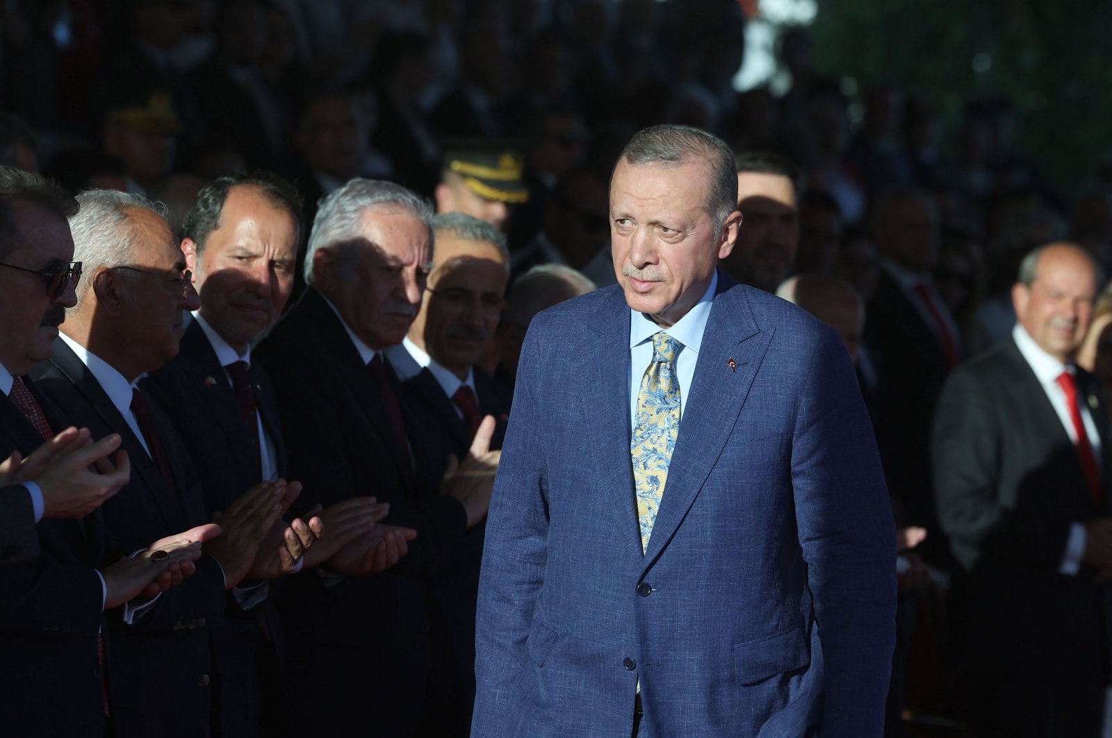 President Recep Tayyip Erdoğan attends an official ceremony to mark the 49th anniversary of the Cyprus Peace Operation, in Lefkoşa (Nicosia), Turkish Republic of North Cyprus, July 20, 2023. (AFP Photo)