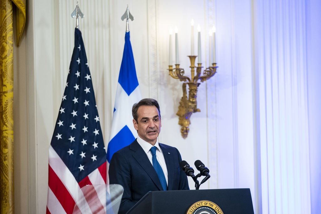 Greek Prime Minister Kyriakos Mitsotakis speaks during a reception at the White House, Washington, U.S., May 16, 2022. (Getty Images)
