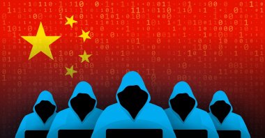 An illustration of hackers with a Chinese flag behind them. (Getty Images Photo)