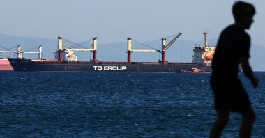 A boy plays on the coast as Türkiye-flagged TQ Samsunhe, the last grain ship that left a Ukrainian port since Russia exited the Black Sea Grain Initiative, is seen in the Marmara Sea, in Istanbul, Türkiye, July 18, 2023. (EPA Photo)